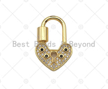 Load image into Gallery viewer, 18K Gold Black Clear CZ Micro Pave Key Heart Lock Clasp, Gold Heart Padlock Charm, Heart Shape Clasp,Pave Lock,17x28mm,sku#K144