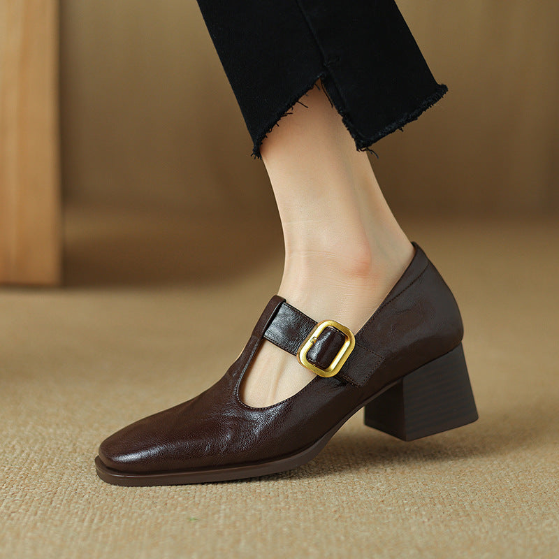 Mary Jane Pumps Women Retro Square Toe Chunky Heel Leather Shoes