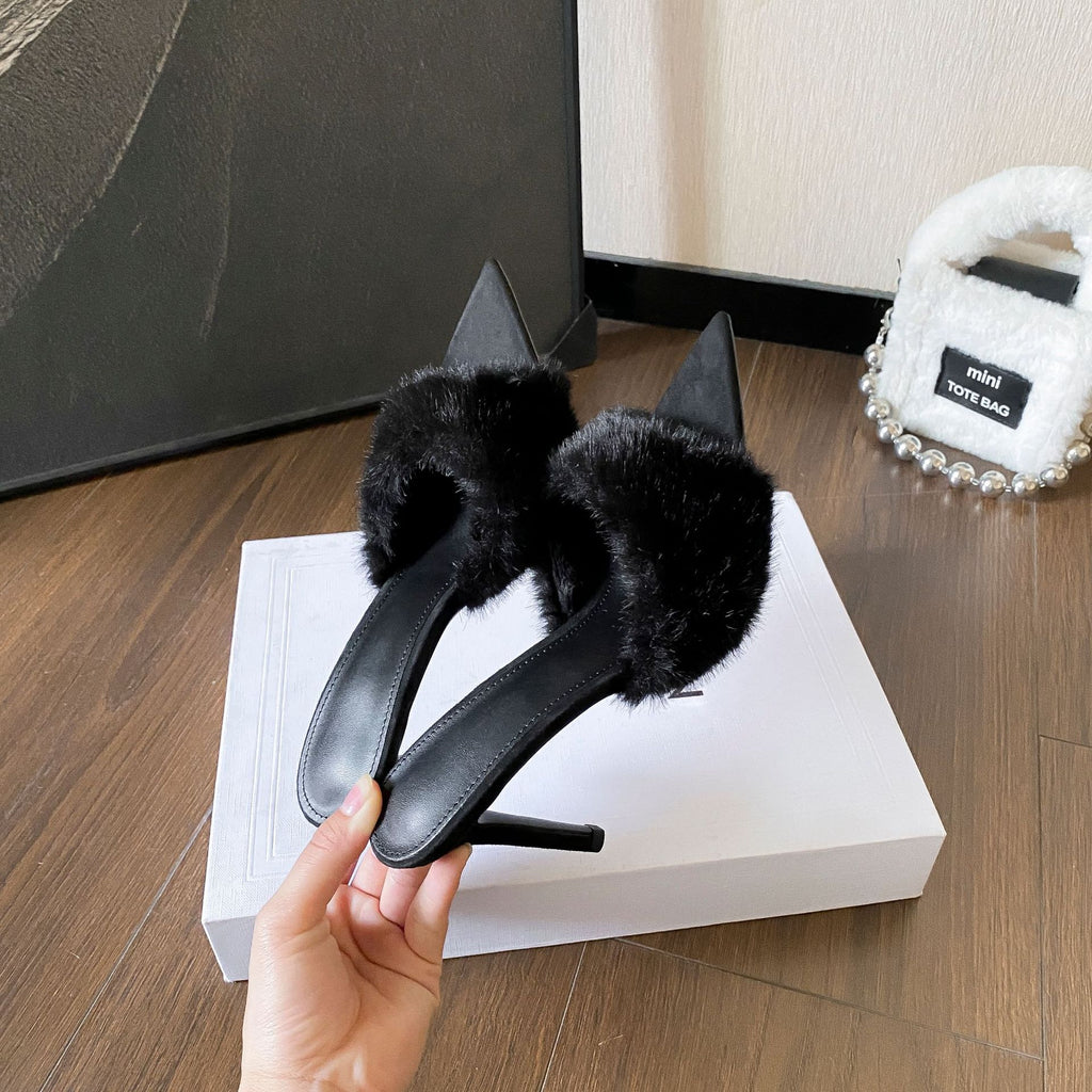 Pointed-Toe High-Heel Plush Slippers