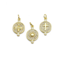 Load image into Gallery viewer, Clear CZ Gold Sun Cross Bee On Round Coin Charm, Sku#LX252