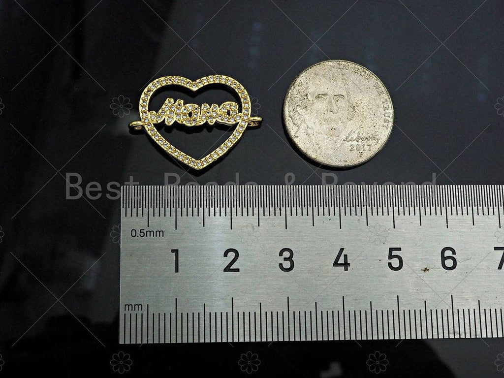 Gold Filled CZ Micro Pave Mama Word On Heart Shape Connector,18K Gold Filled Mama Charm, Mother's Day Gift, 25x18mm,Sku#LD109