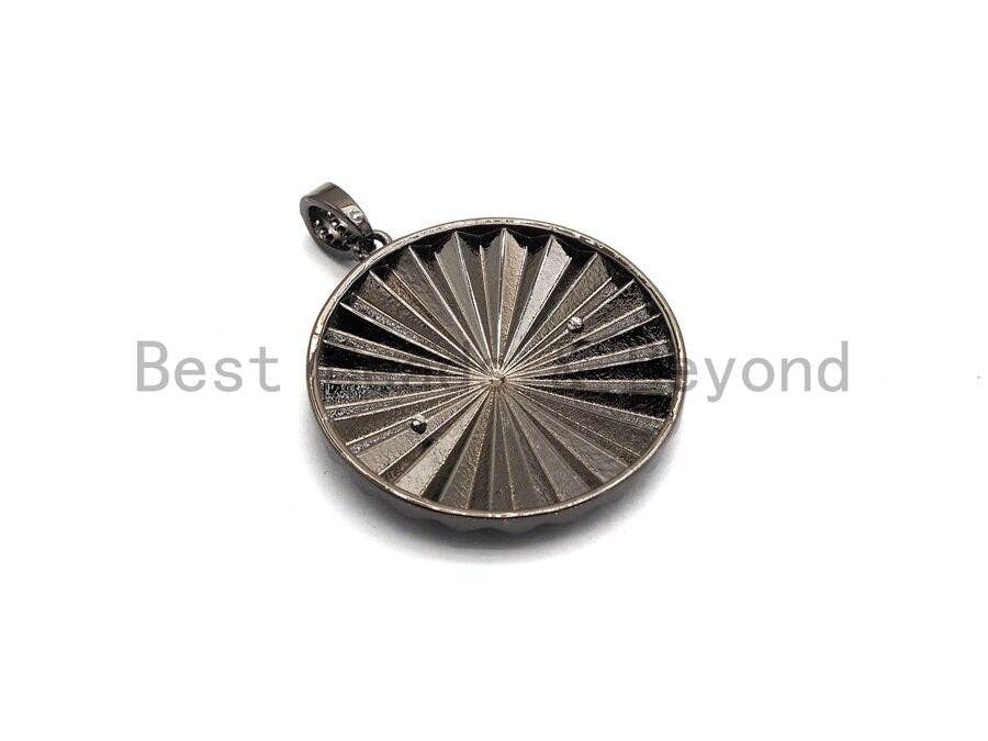 Large Pleat Round With CZ Micro Pave Heart Pendant, Cz Paved Charm/Focal Pendant, Necklace Charm Pendant, 35x38mm,sku#F661
