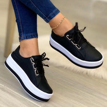Load image into Gallery viewer, Women's Ribbon Lace-Up Platform Sneakers | PU Leather Round-Toe Flats