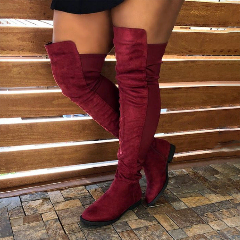 Women's Patchwork Knee-High Boots - Round Toe Chunky Heel Winter Boots with Side Zipper
