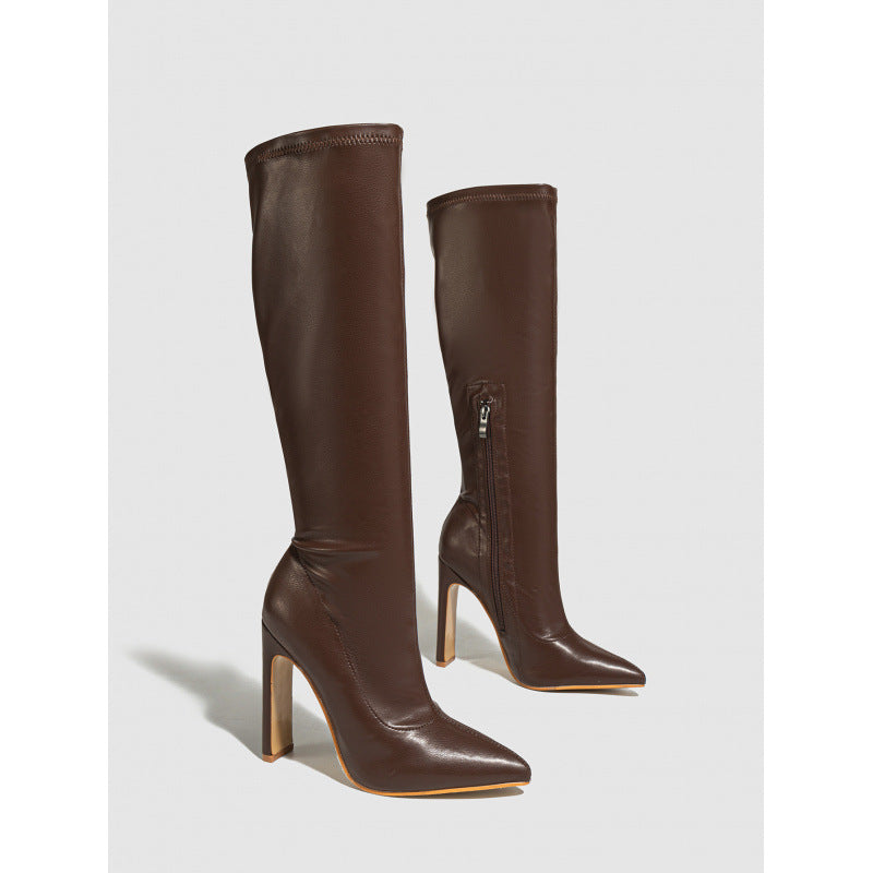 Pointed Toe Satin Mid-Calf Knight Boots with Side Zipper | Chunky Heel | Black & Brown