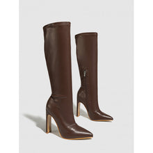 Load image into Gallery viewer, Pointed Toe Satin Mid-Calf Knight Boots with Side Zipper | Chunky Heel | Black &amp; Brown
