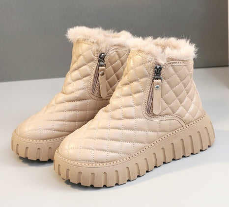 Women's Plaid Platform Ankle Boots | Side Zipper Plush Lined Snow Boots
