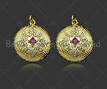 Load image into Gallery viewer, Gold Filled Fuchsia CZ Micro Pave Flower Pattern Medallion Pendant, 18K Gold Filled Charm, Necklace Bracelet Charm Pendant,mm,Sku#LK347