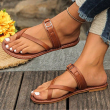 Load image into Gallery viewer, Women's Brown Flat Sandals | Round Toe Slip-On Casual Shoes | PU Leather Non-Slip