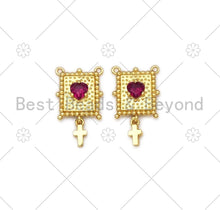 Load image into Gallery viewer, Fuchsia Heart CZ Micro Pave with Cross On Rectangle Shape Pendant, 18K Gold Filled Charm, Necklace Bracelet Charm Pendant,11x14mm,Sku#LK402