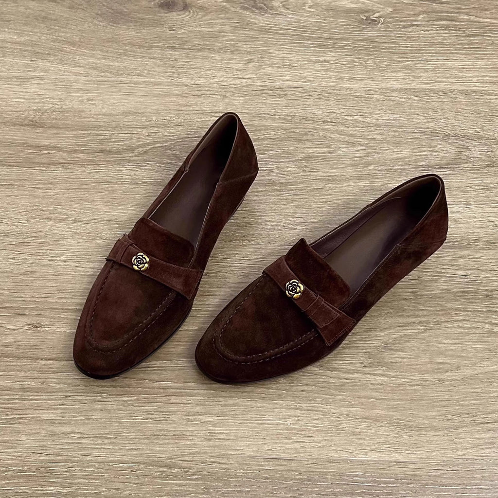Women's Retro Camellia Sheepskin Loafers | Chunky Low Heel Slip-On Flats