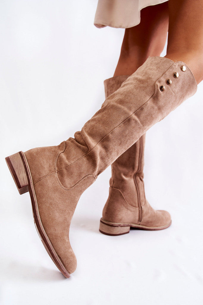 Women's Over-The-Knee Suede Boots | Low Heel Round Toe Side Zipper | Black Brown Khaki