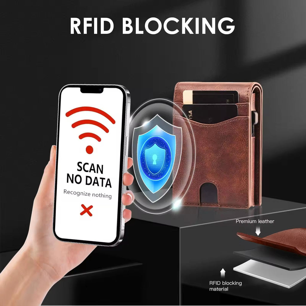 Magnetic Metal Credit Card Case - RFID Protection Leather Wallet