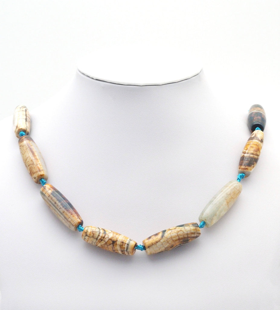 Natural Blue Brown Tibetan Agate Barrel Smooth Agate, 14x40mm Focal Beads, Sku#U1439