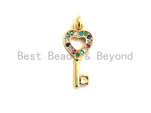 Load image into Gallery viewer, CZ Colorful Micro Pave Heart Shape Key Charm Pendant, Key Sh