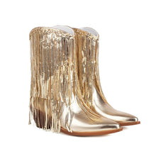 Load image into Gallery viewer, Women's Sequin Tassel Ankle Boots – Pointed Toe Chunky Heel Slip-On Party Boots