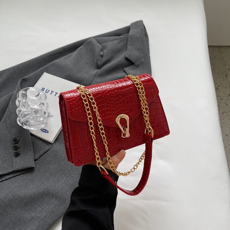 Crocodile-Print Chain Crossbody Bag