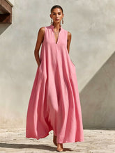 Load image into Gallery viewer, Linen Blend Sleeveless Stand-Collar Maxi Dress – 5 Colors S–3XL