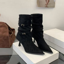 Load image into Gallery viewer, Women's Cuffed Buckle Mid-Calf Boots – PU Leather Round Toe Non-Slip Boots