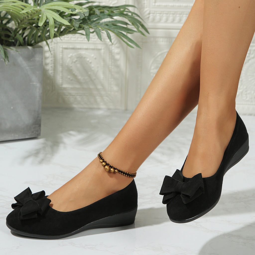 Women's Suede Bowtie Cross-Strap Slip-On Shoes | Low Wedge Heel | Elastic Band Comfort Fit