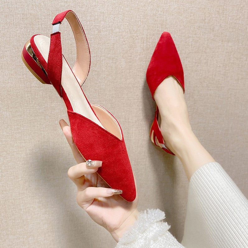 Women's Pointed-Toe Low-Heel Suede Sandals | Open-Back Slip-On | Black Red Beige