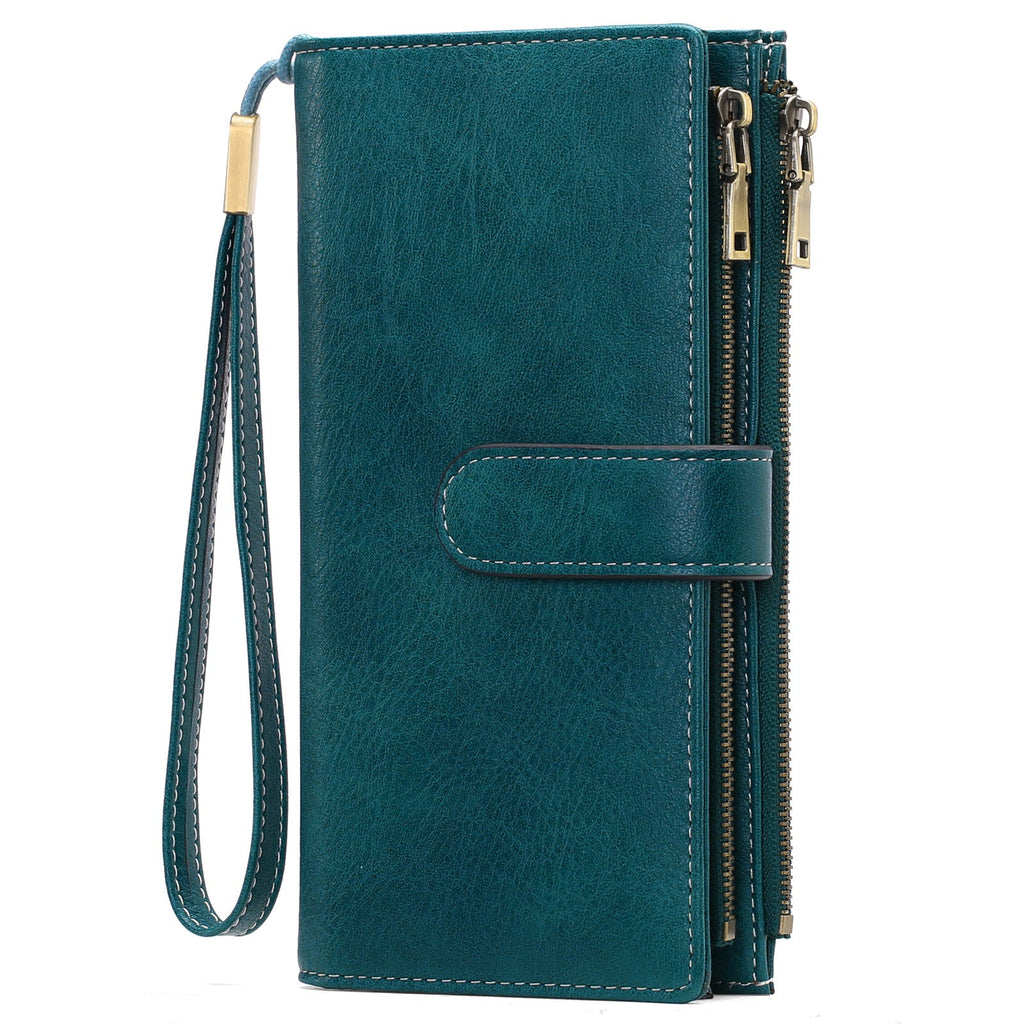Women's Vintage Tri-Fold Wallet with RFID Protection - Oil Wax Leather Long Purse
