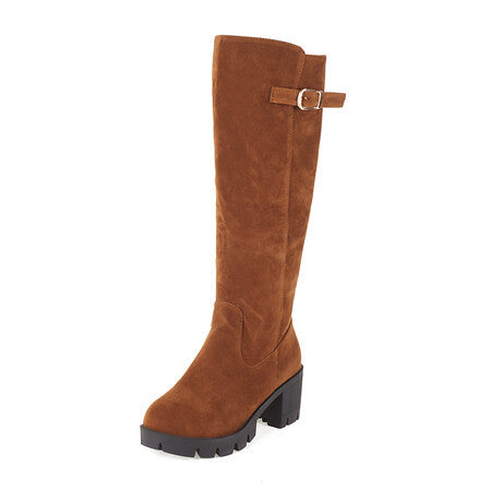 Women's Plus-Size Chunky Heel High-Top Boots | Suede Belt Buckle Winter Boots