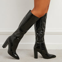 Load image into Gallery viewer, Women's Crocodile-Print Chunky High Heel Knight Boots – Side Zipper, Pointed Toe