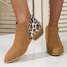Load image into Gallery viewer, Women's Leopard Print Chunky Heel Boots | Pointed Toe Back Zipper Suede