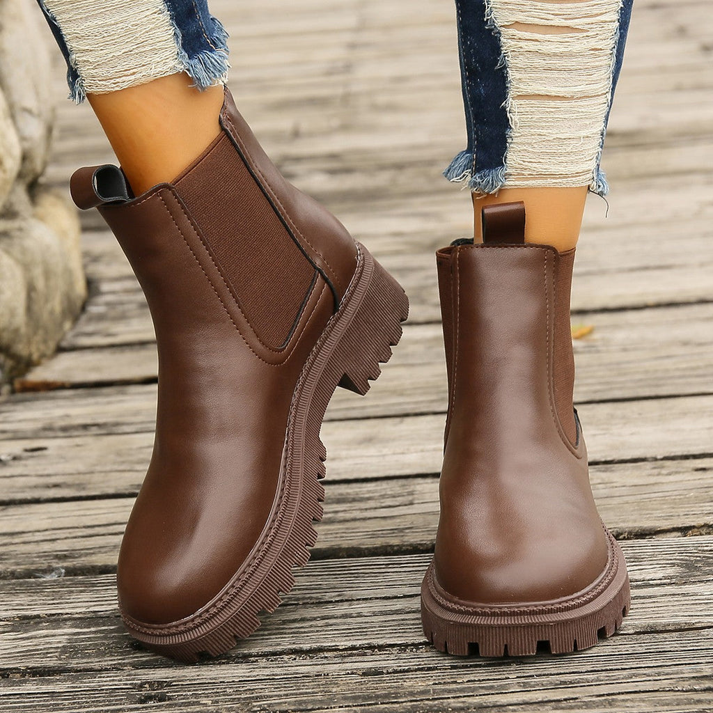 Women's Chunky Heel Martin Ankle Boots – Round Toe Slip-On Block Heel Booties