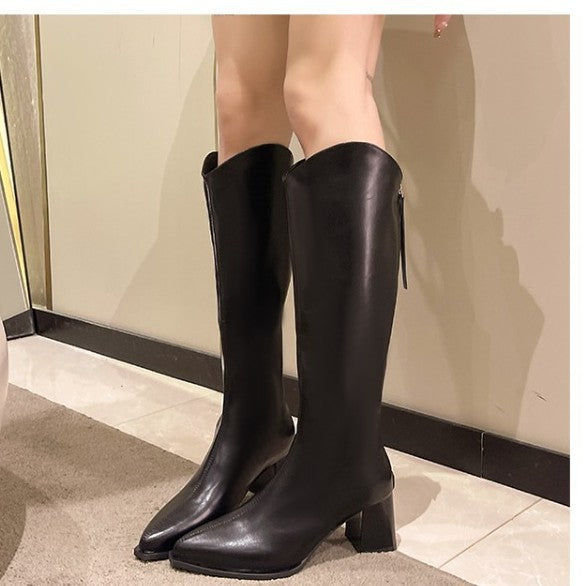 Women's Chunky Heel Pointed Toe Mid-Calf Boots - Fashion Winter Boots with Back Zipper