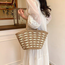 Load image into Gallery viewer, Handwoven Straw Beach Basket Bag - Color Block Shoulder Tote for Women
