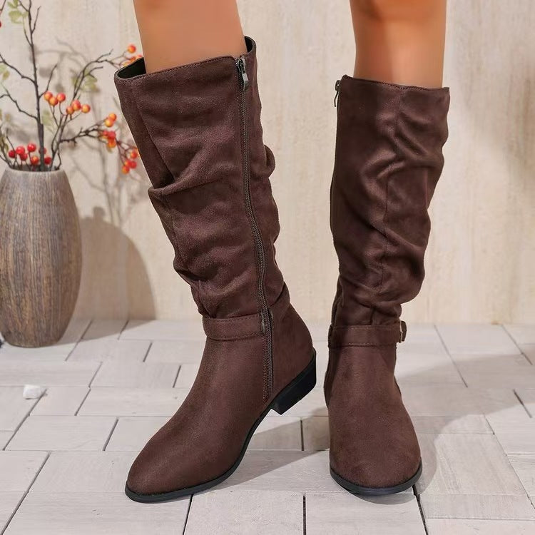 Belt Buckle High Shaft Suede Long Boots