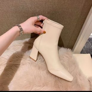 Women's Square Toe Elastic High Heel Boots - Chunky Heel Ankle Boots