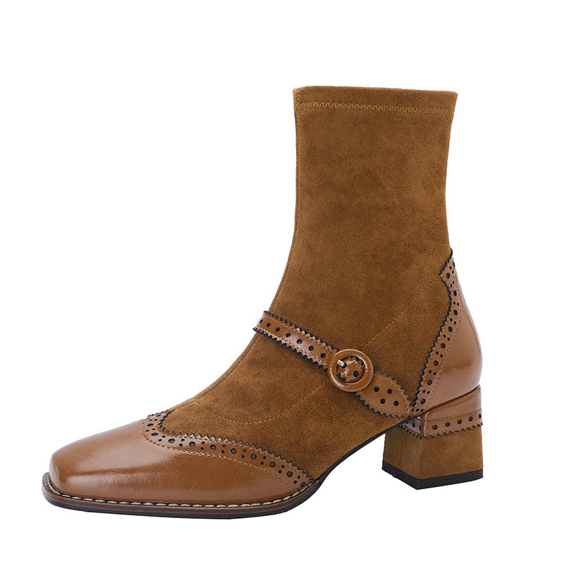 Women's Square Toe Chunky Heel Boots – Vintage Style Side Zipper | Black & Khaki