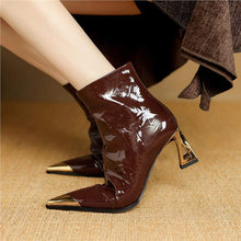 Load image into Gallery viewer, Wine-Red Patent Leather Pointed-Toe Ankle Boots for Women - Stiletto Heel Winter Boots