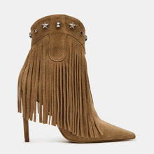Load image into Gallery viewer, Fringed Studded High-Heel Pointed-Toe Ankle Boots – Side Zipper, Suede, Stiletto Heel | Sarah Express