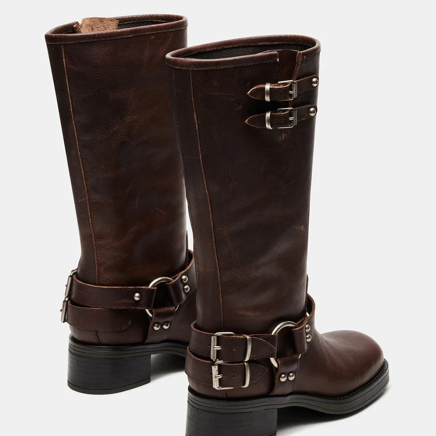 Women's Round Toe Buckle High-Top Boots – Chunky Heel Mid-Calf PU Leather Boots