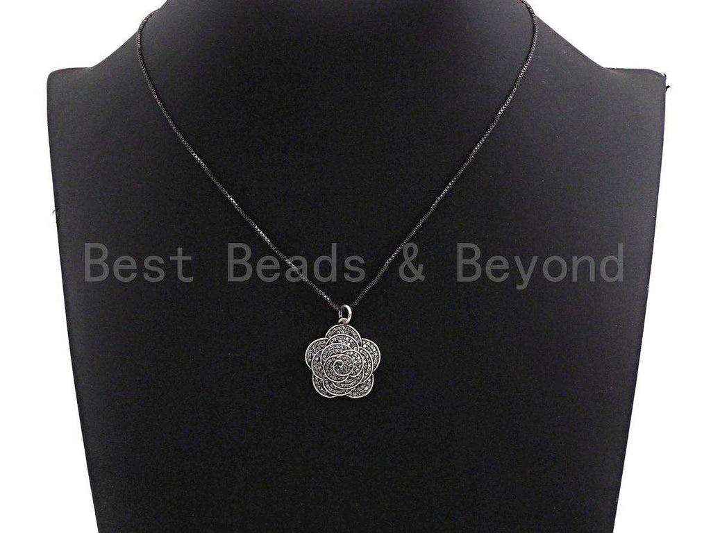 CZ Micro Pave Rose Flower Shape Pendant, Antique Silver Tone, Cubic Zirconia Pave Flower Charm Pendant, 23x25mm,sku#F1029C