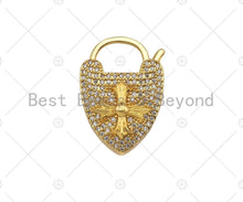 Load image into Gallery viewer, 18K Gold Cross On Heart Fancy Lock Clasp, CZ Micro Pave Lock