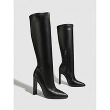 Load image into Gallery viewer, Pointed Toe Satin Mid-Calf Knight Boots with Side Zipper | Chunky Heel | Black &amp; Brown