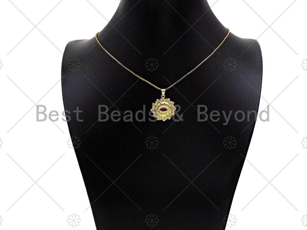Fuchsia CZ Micro Pave 18k Gold Evil Eye On Sunflower Pendant, Cubic Zirconia Medallion Pendant,CZ Micro Pave Pendant,22x23mm, Sku#LK212