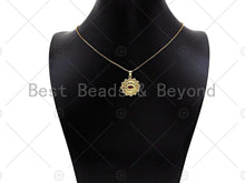 Load image into Gallery viewer, Fuchsia CZ Micro Pave 18k Gold Evil Eye On Sunflower Pendant, Cubic Zirconia Medallion Pendant,CZ Micro Pave Pendant,22x23mm, Sku#LK212