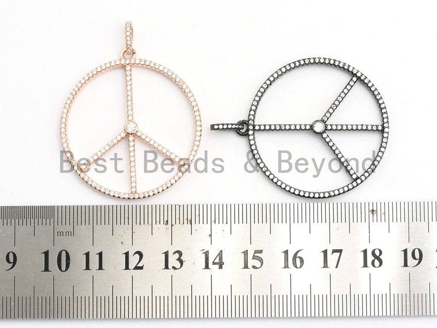 Large CZ Micro Pave Peace Sign Pendant, Cubic Zirconia Pendant/Charm,Pave Findings, Gold/Black/Silver/Rose Gold,36x39mm, sku#F561
