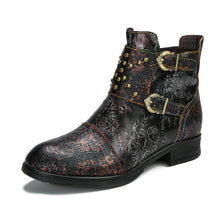 Load image into Gallery viewer, Women's Ethnic Rivet Buckle Boots - Cowhide Leather Fashion Ankle Boots with Side Zipper