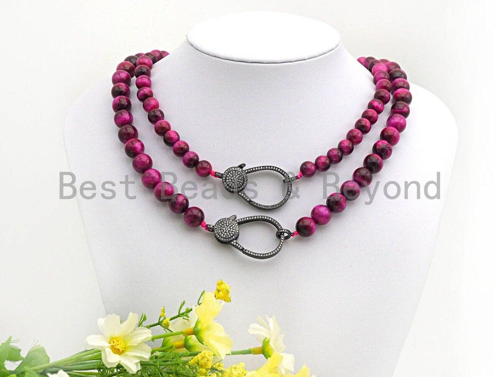 PINK Tiger eye Attachment Necklace with Large CZ Pave Gunmetal clasp, 16/18 long, sku#D40