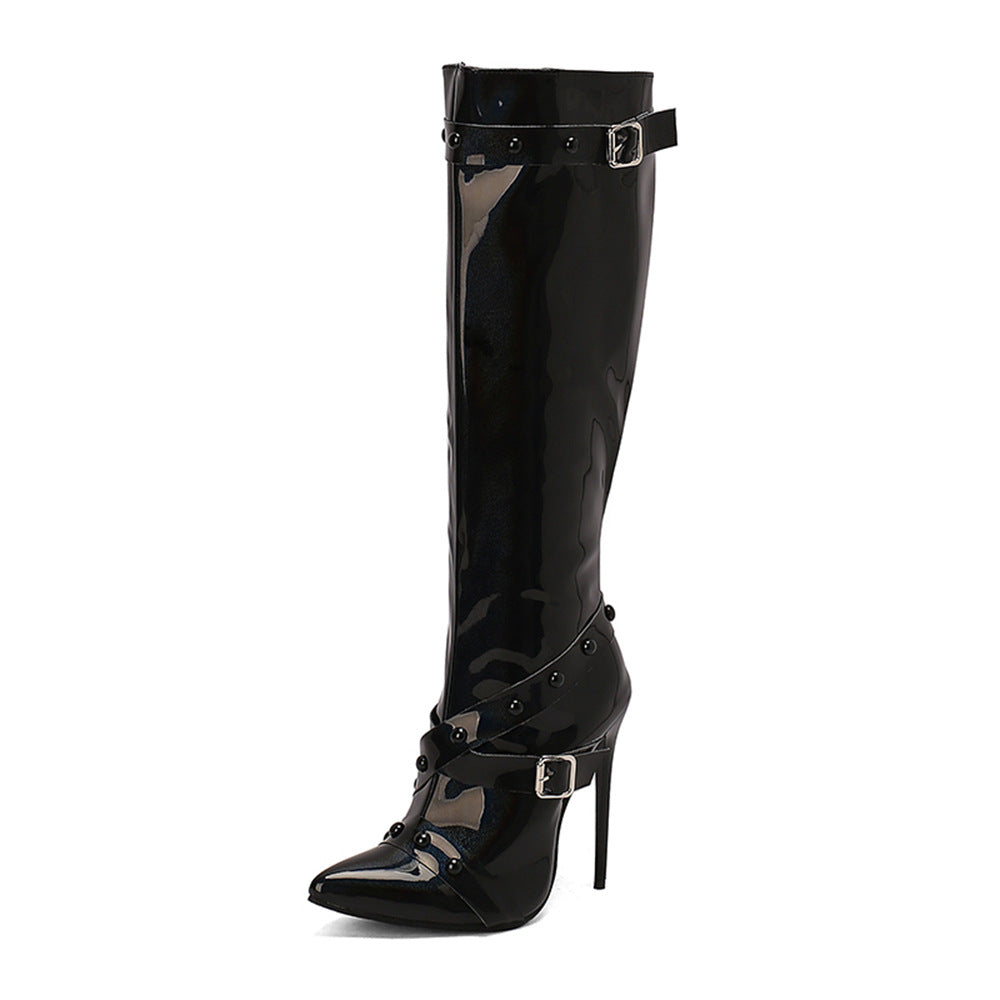 Women's Stiletto Heel Rivet Long Boots - Pointed Toe High Shaft Side Zipper Boots