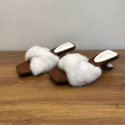 French-Style Chic Fluffy Slippers for Women | Square Toe Slip-On House Shoes | Purple, White & Apricot