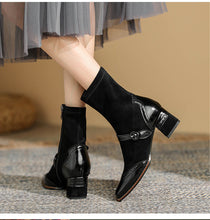 Load image into Gallery viewer, Women's Square Toe Chunky Heel Boots – Vintage Style Side Zipper | Black &amp; Khaki