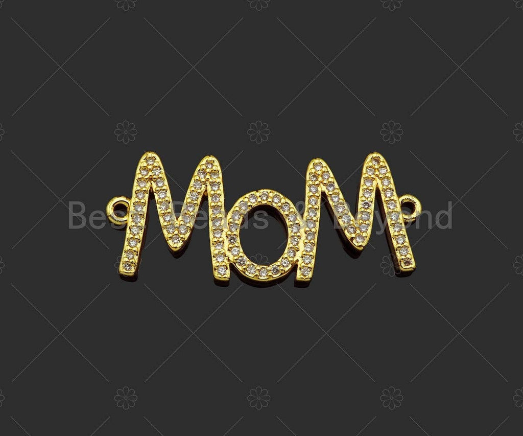 Gold Filled CZ Micro Pave Mom Word Shape Connector, 18K Gold Filled Mom Charm, Necklace Bracelet Links, 34x14mm,Sku#LD111